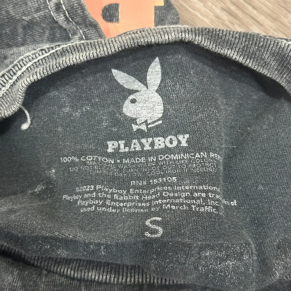 Playboy Acid Wash Graphic T-Shirt Gray Pink Bunny Logo Short Sleeve Small Grunge - Picture 6 of 7